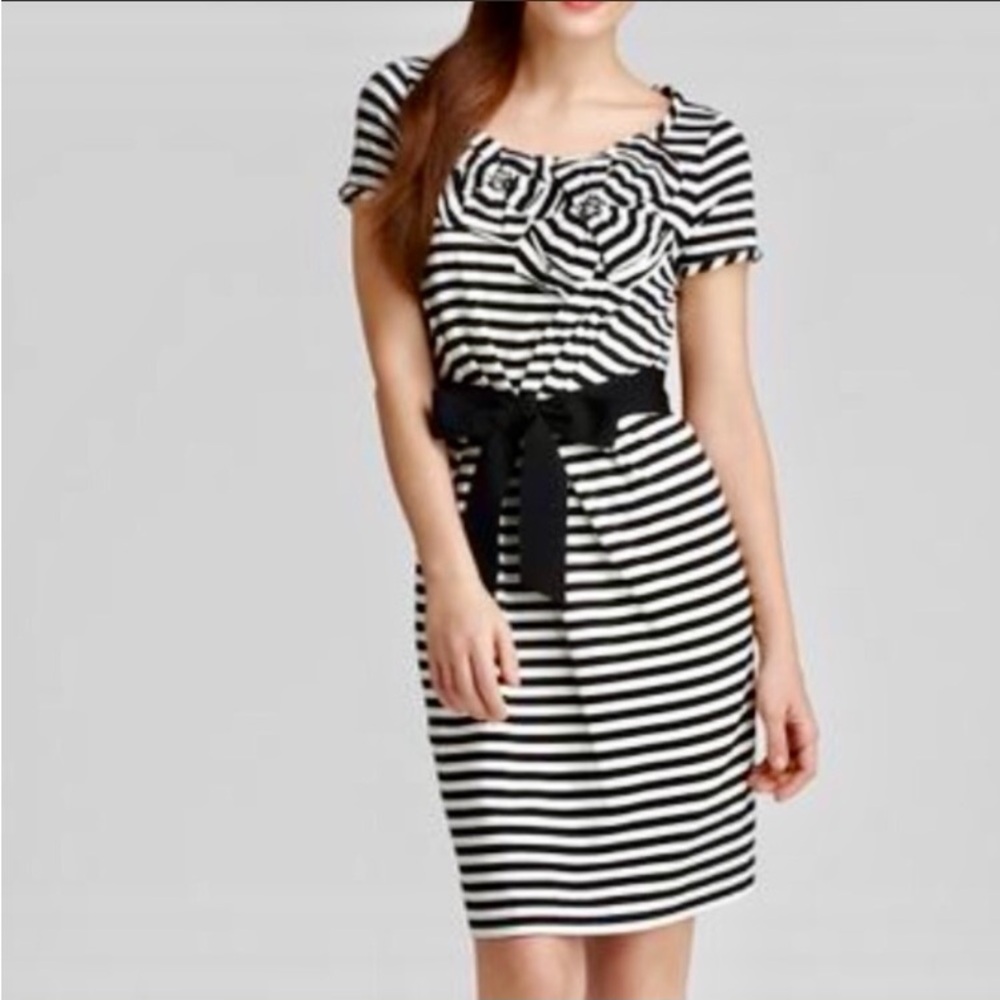 kate spade knit stripe short sleeve dress navy white embroidered flower bow tie